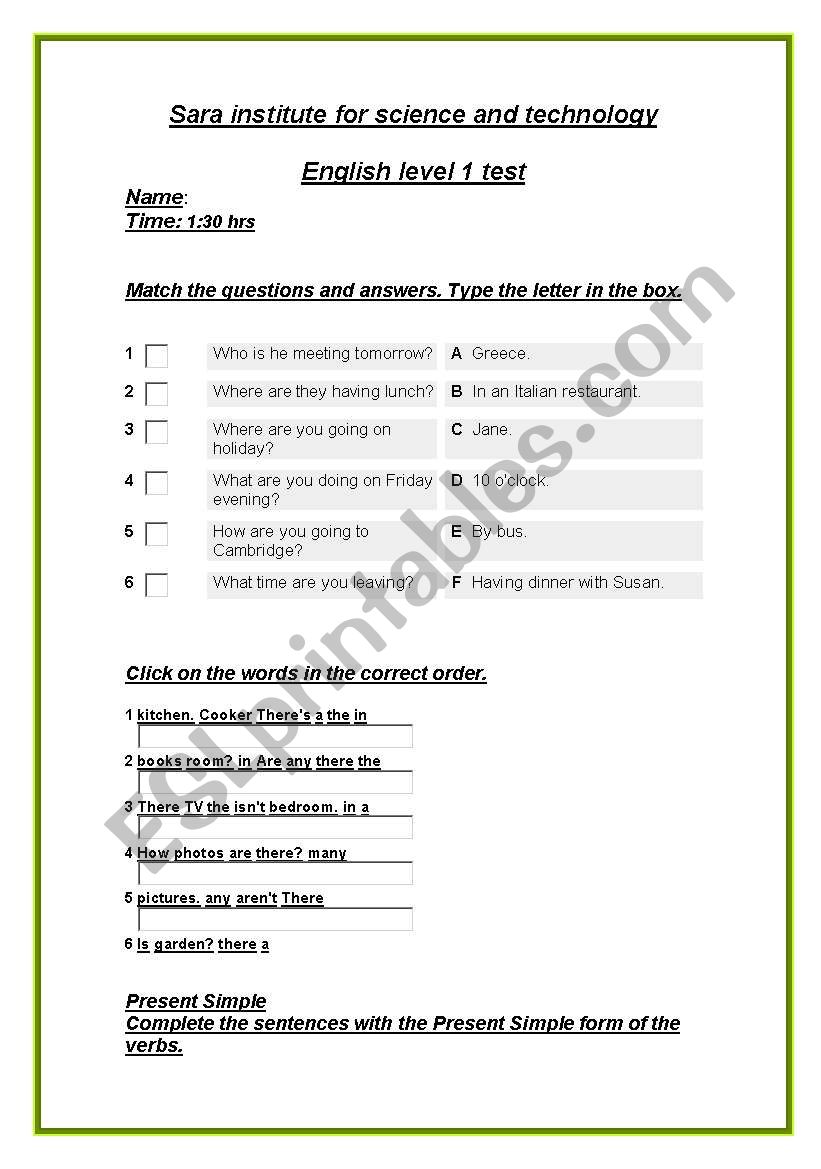 English Test worksheet