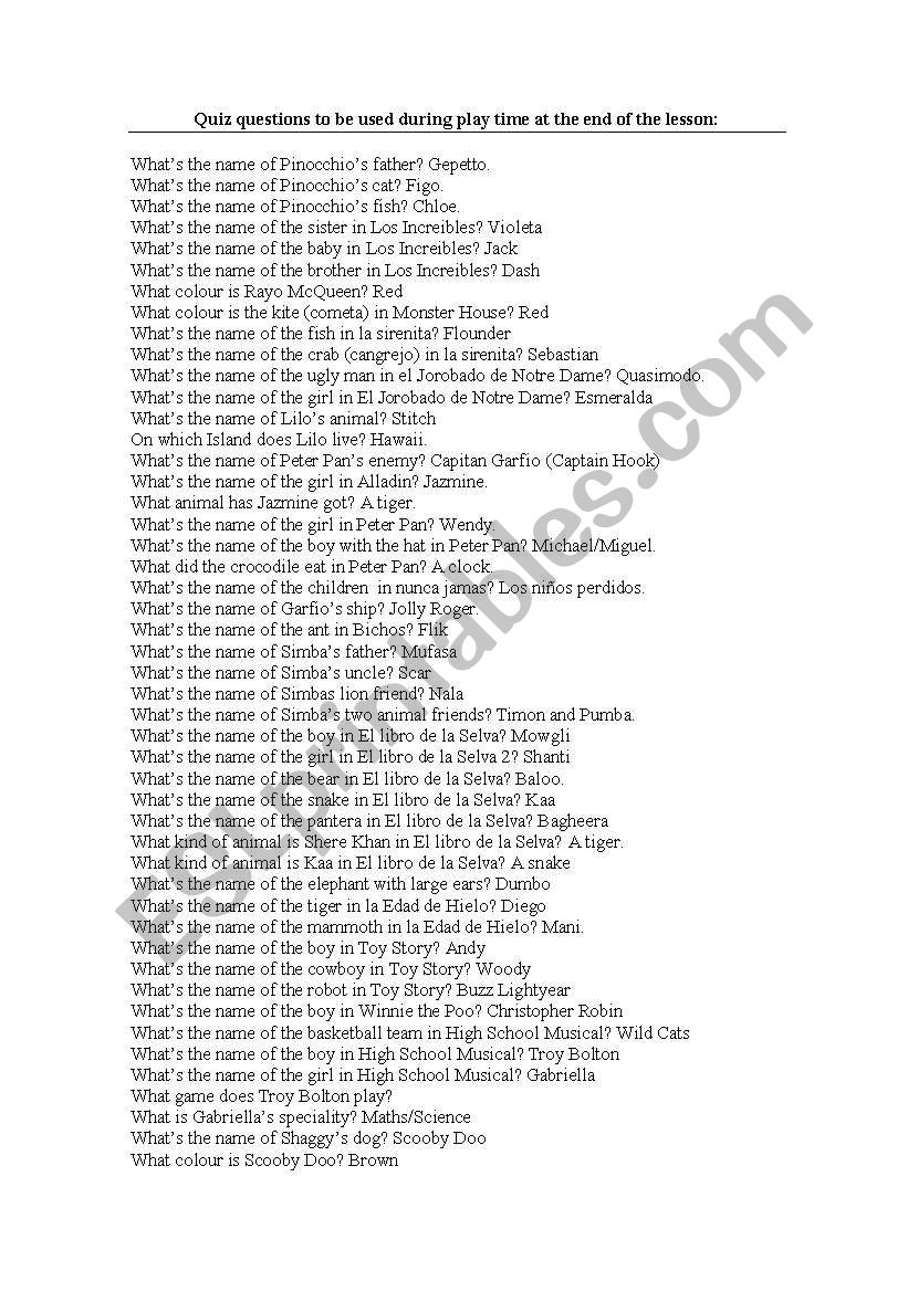childrenÂ´s quiz questions worksheet