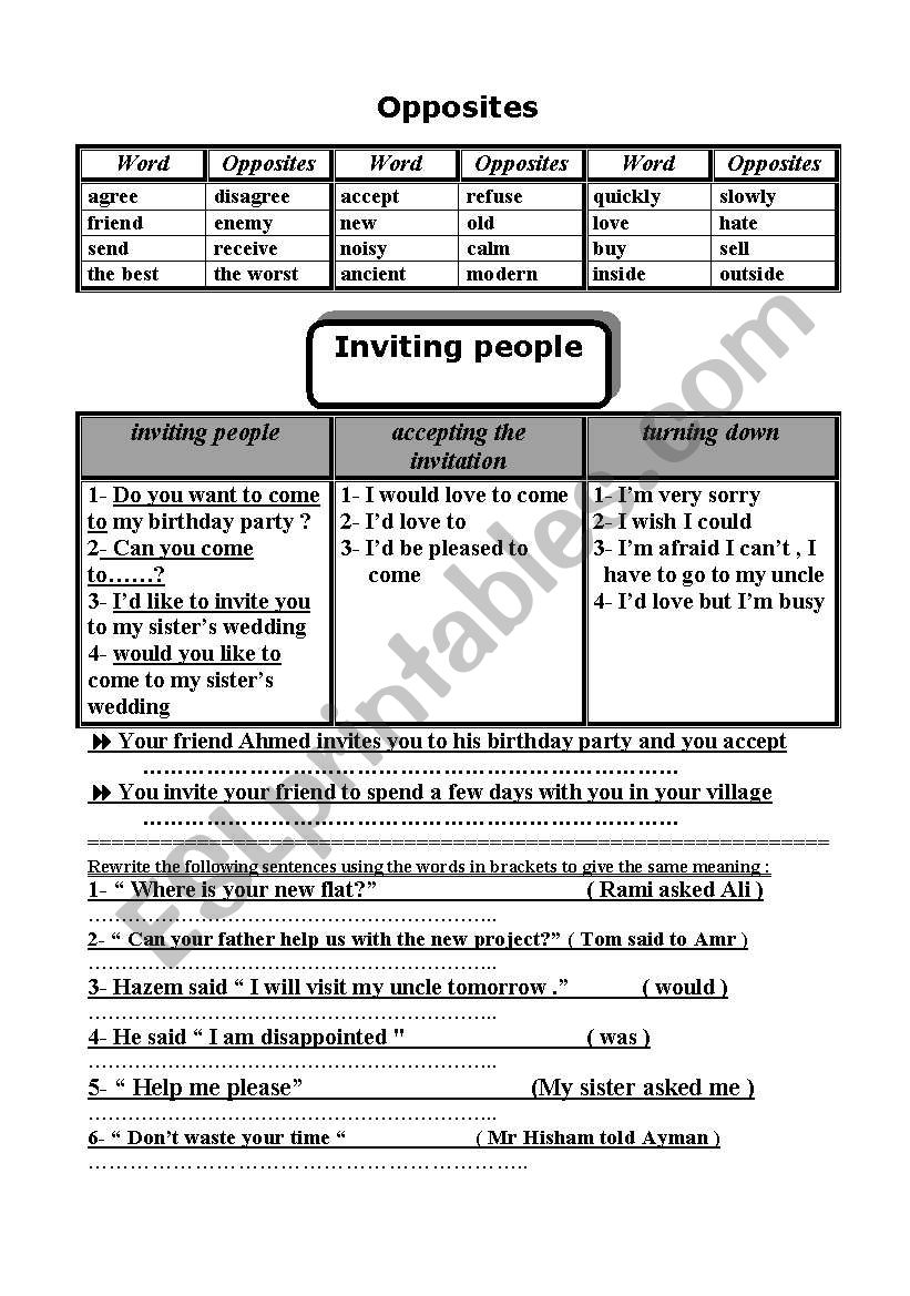 opposites , How to invite , reported speech exercise 