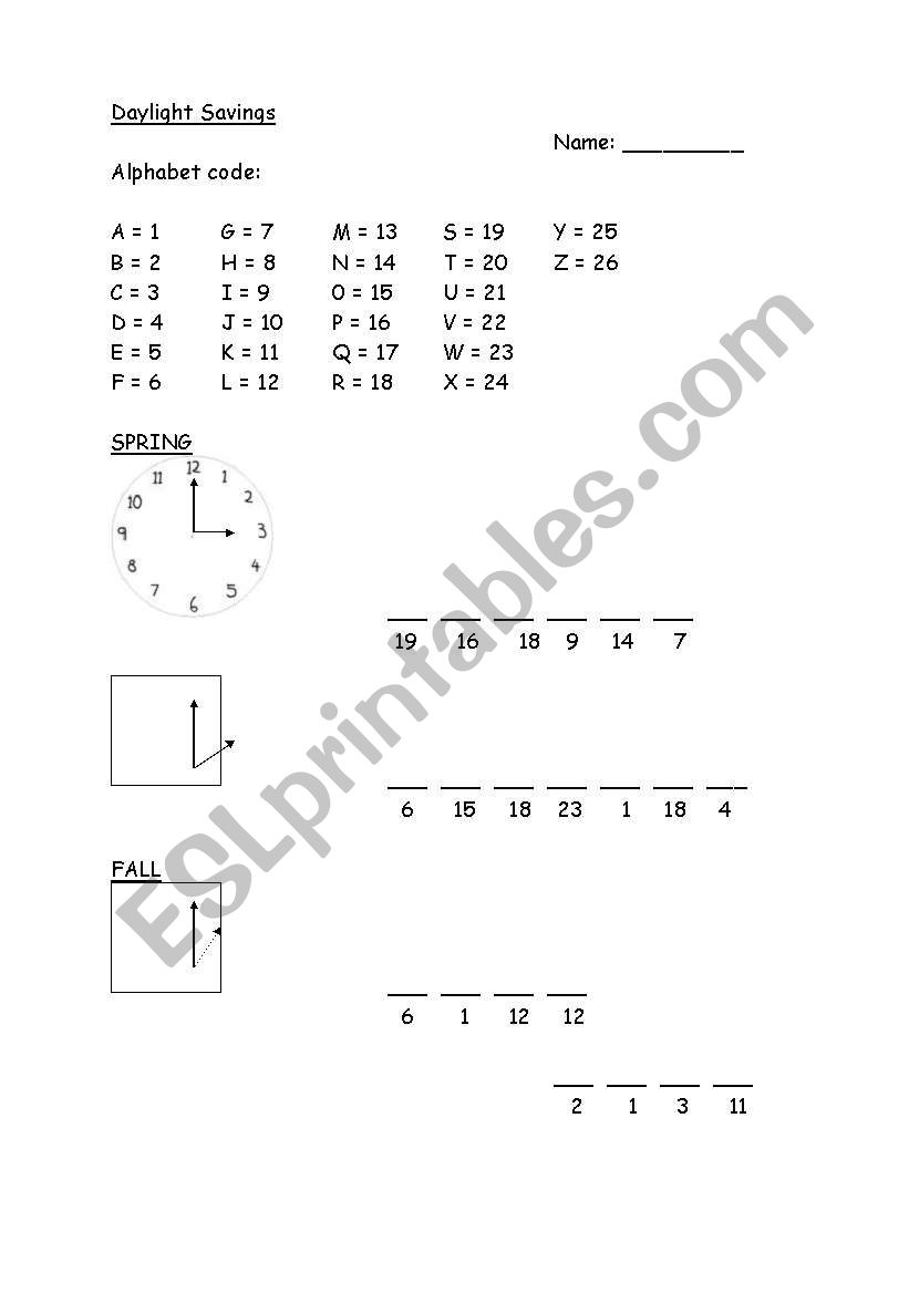 Daylight savings alphabet sheet.