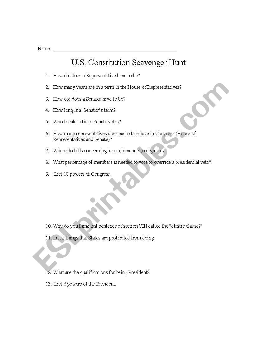 English worksheets: U,S, Constitution Scavenger Hunt Regarding Constitution Scavenger Hunt Worksheet