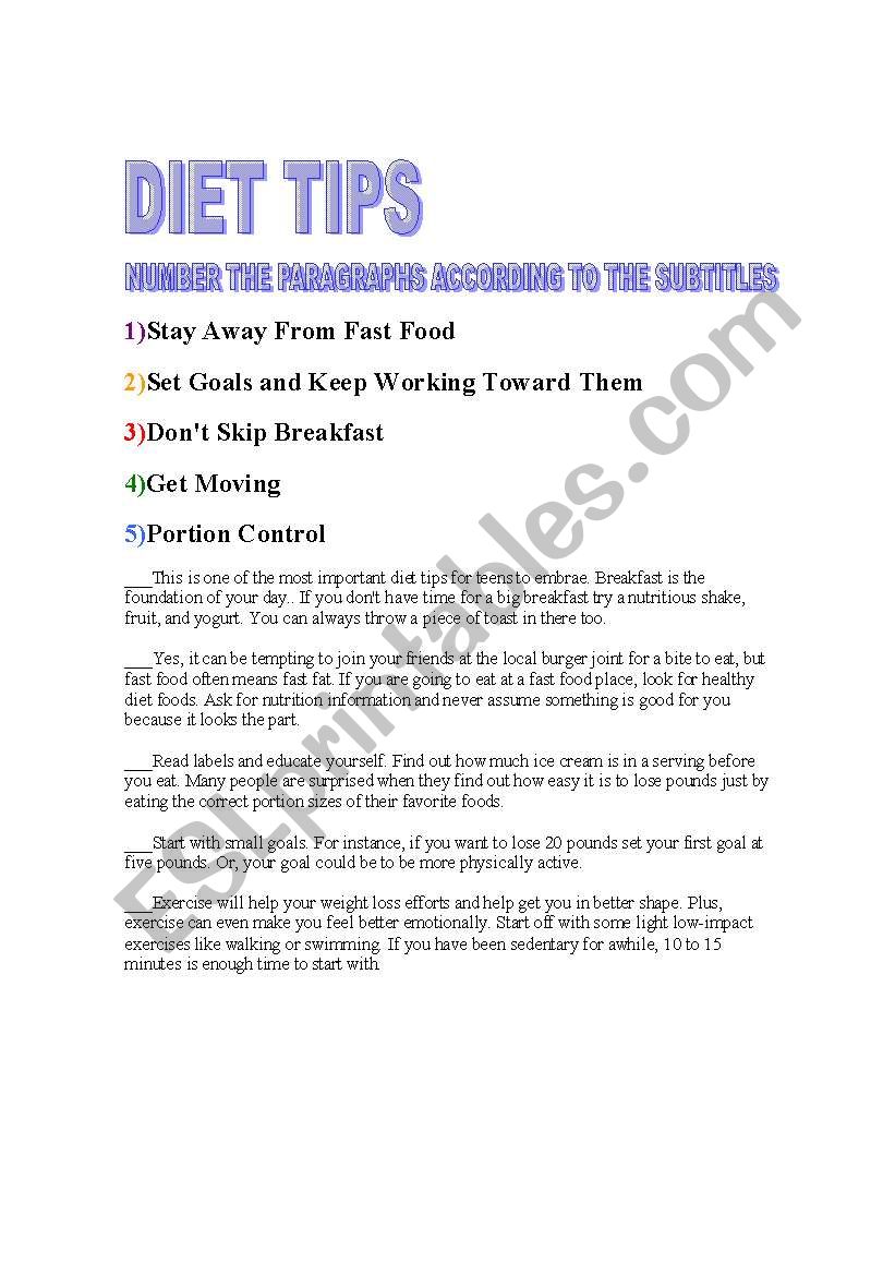 Diet Tips worksheet