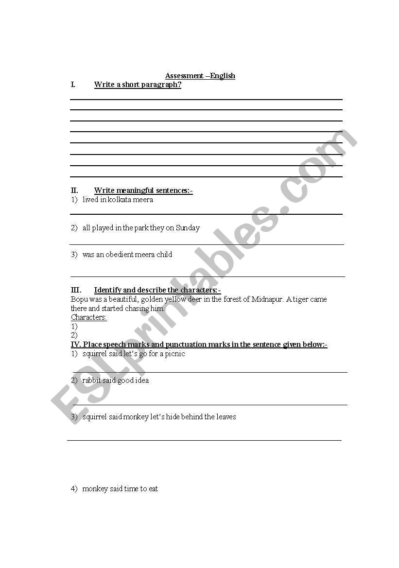 English Assessment worksheet