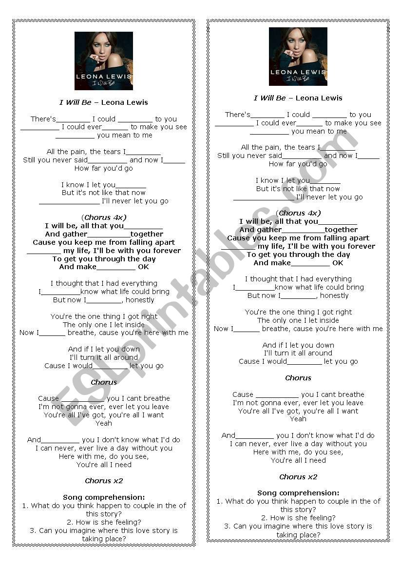 I will be  - Leona Lewis worksheet