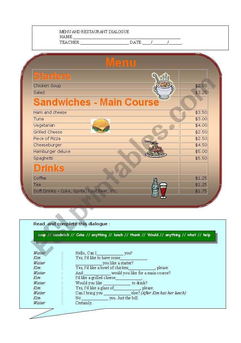 Restaurant Dailogue worksheet