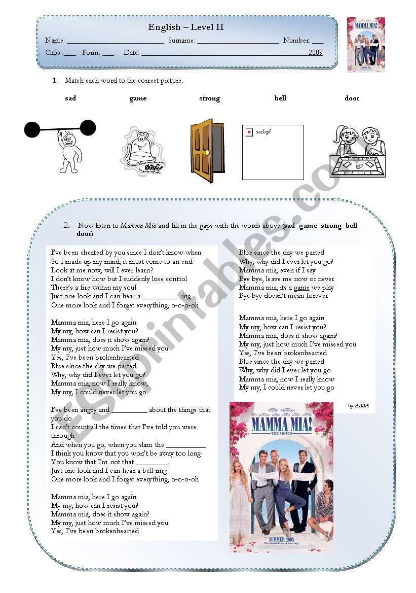 mamma mia level2 worksheet