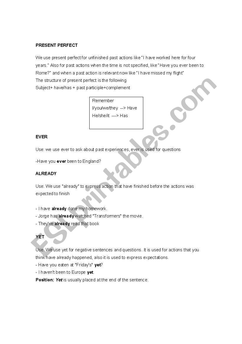 Present Perfect worksheet