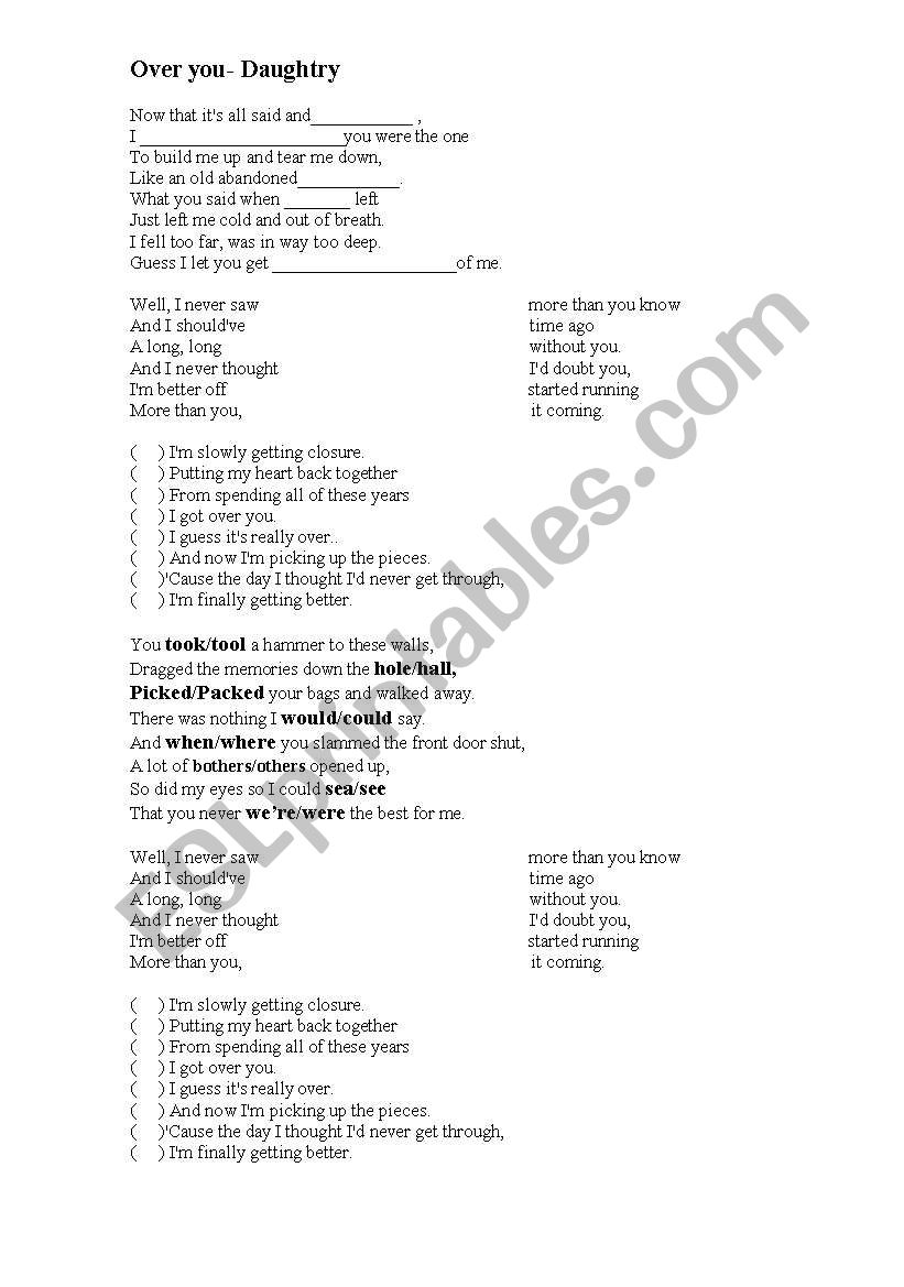 Daugtry-over you worksheet