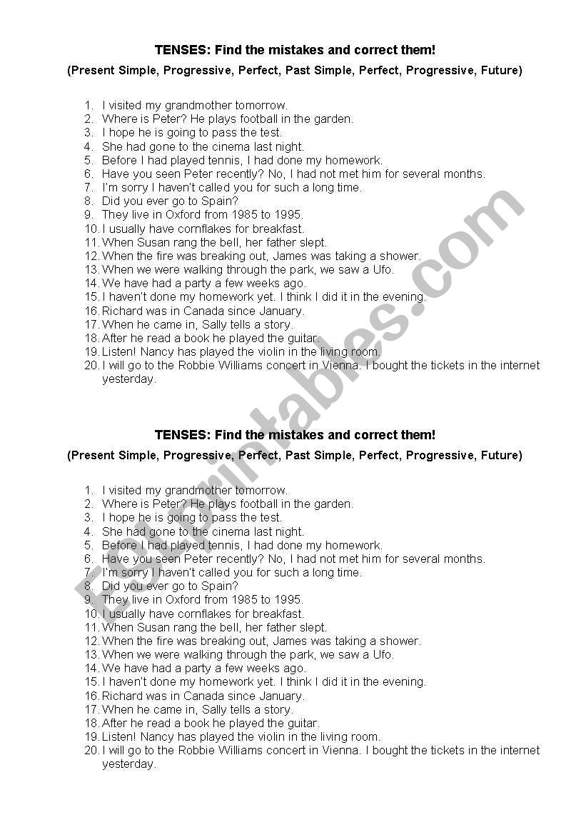 Tenses: Find the mistakes worksheet