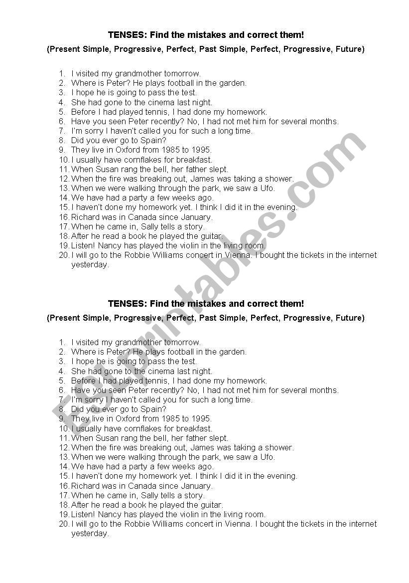 Tenses: Find the mistakes worksheet