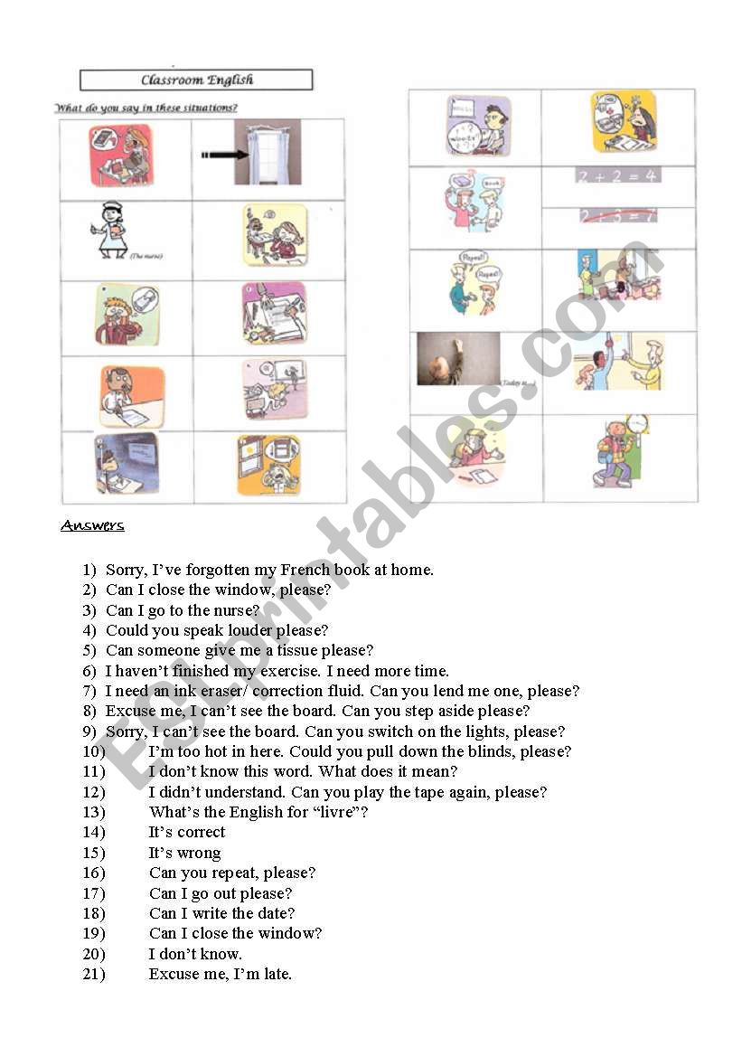 Classroom English with 21 situations -ANSWERS provided for teachers