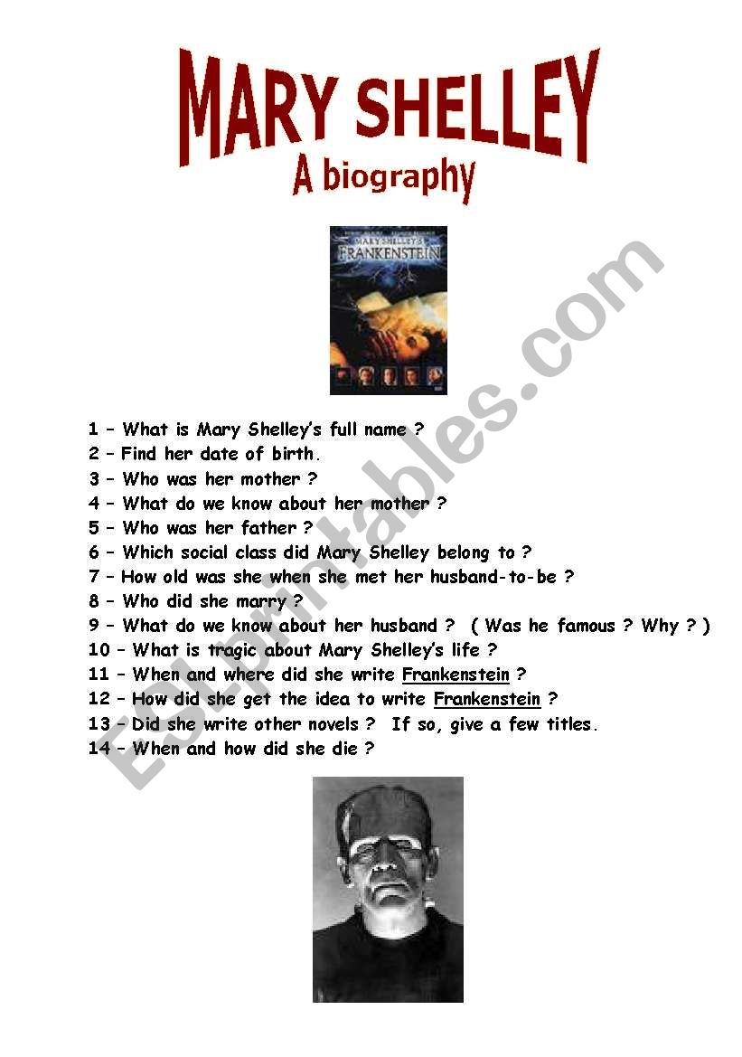 Mary Shelleys biography worksheet