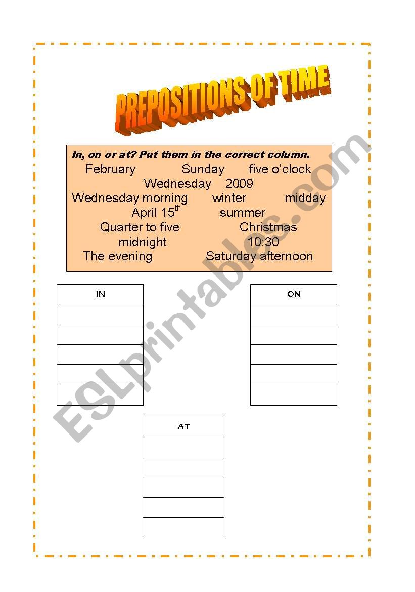 prepositions of the time worksheet