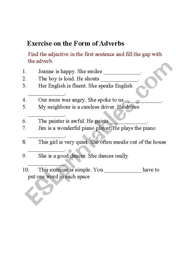 Adverb Worksheet worksheet