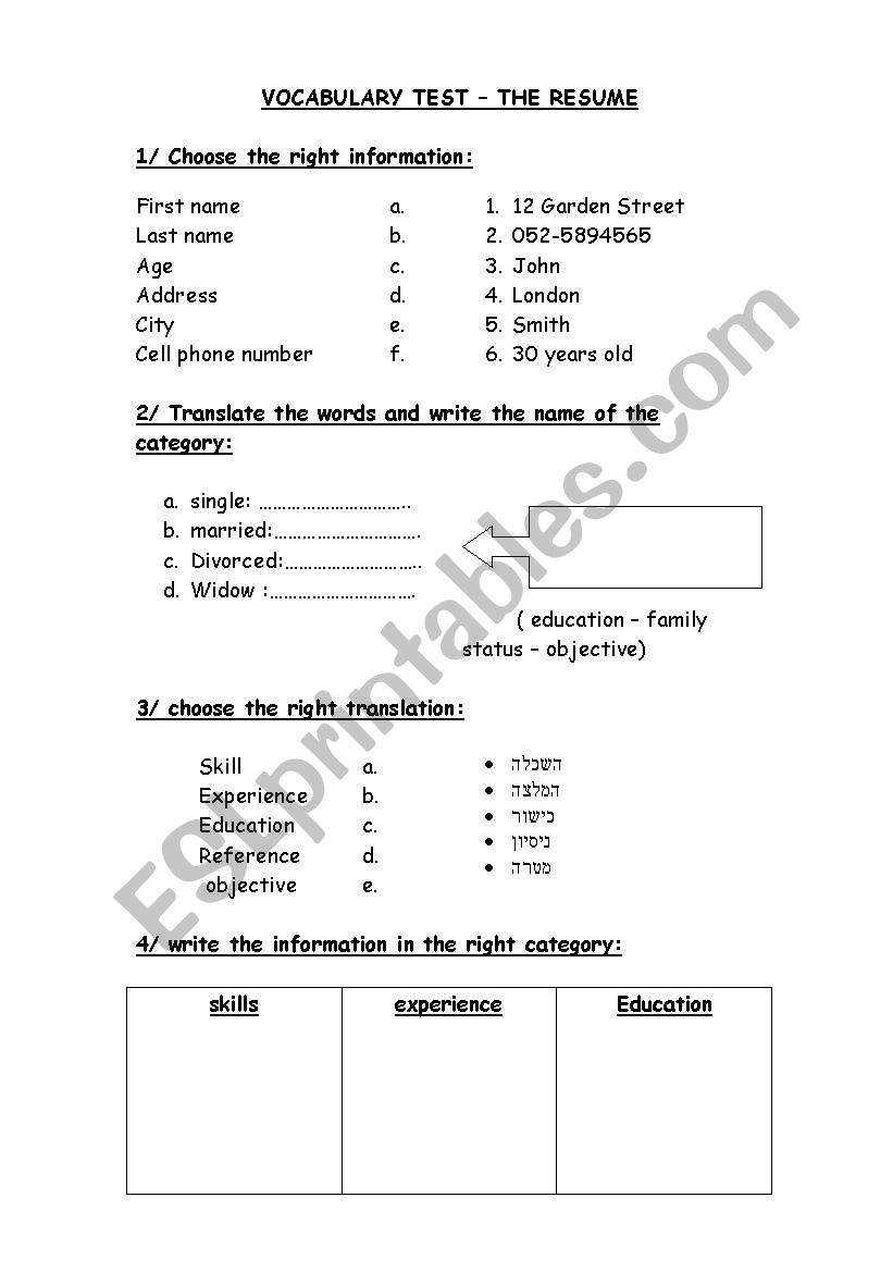 the resume worksheet