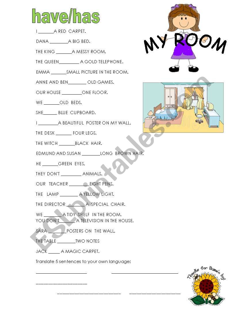 have/has in my bedroom worksheet