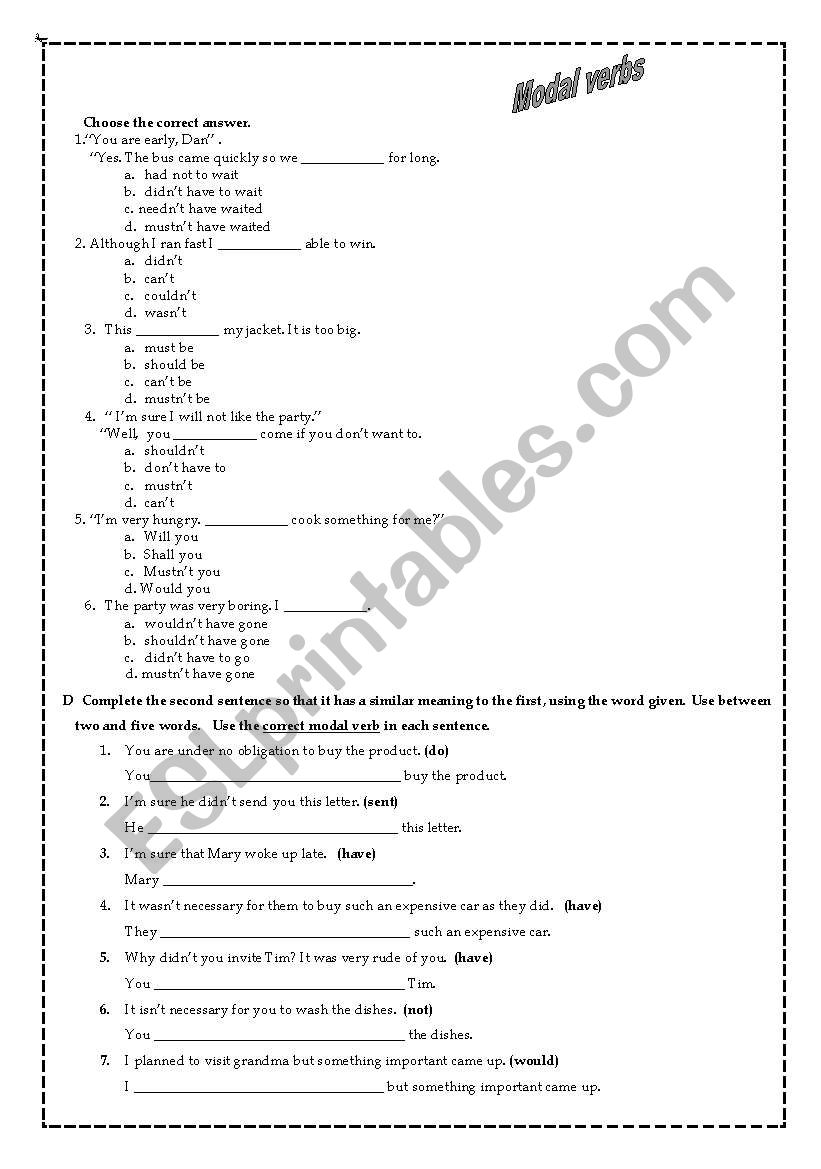 Modal verbs worksheet