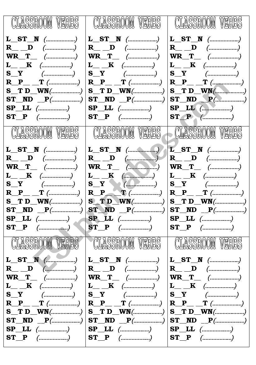 CLASSROOM VERBS - fill in missing letters