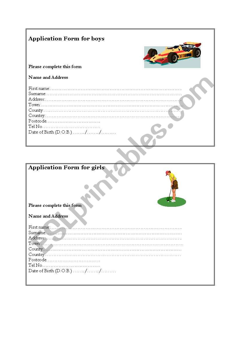Application form for boys and girls