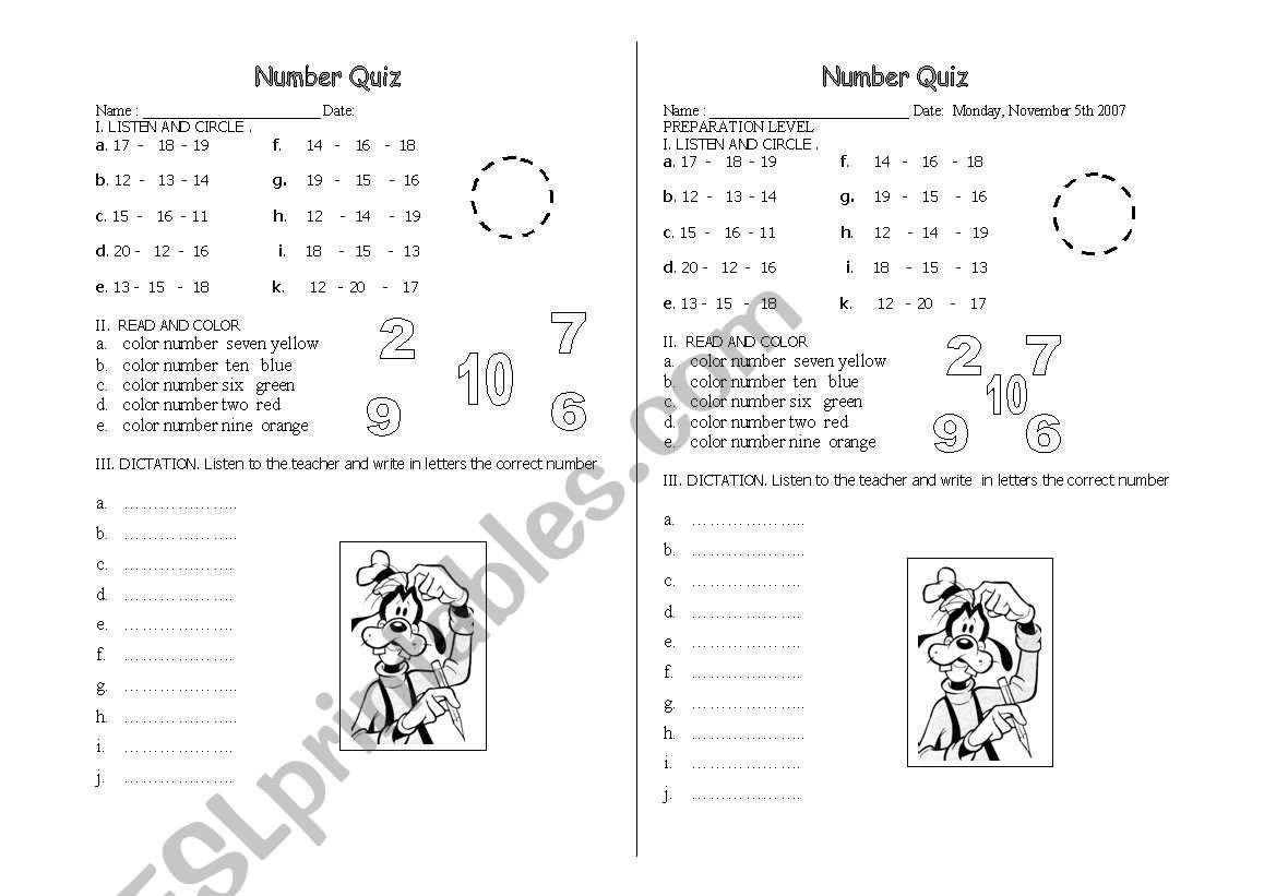 Numbers quiz worksheet