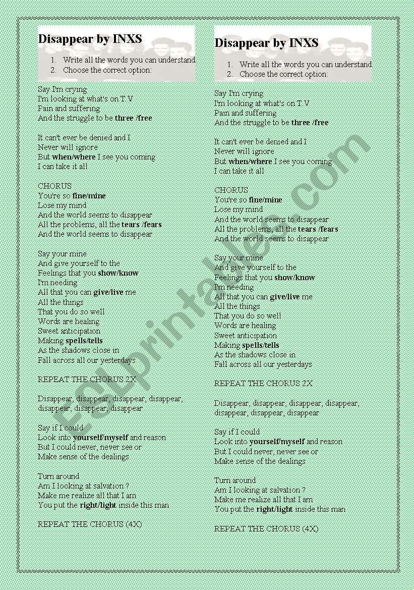 Song - Disapear - INXS worksheet