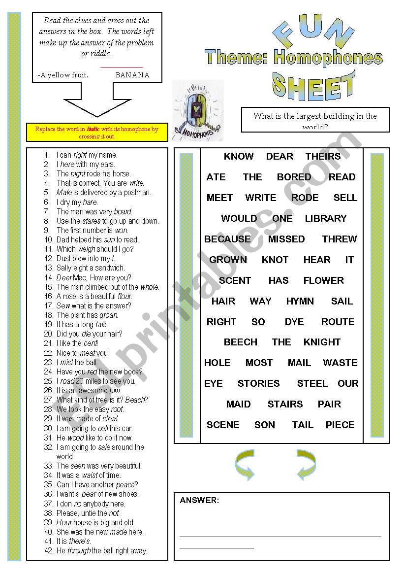 Fun Sheet Theme: Homophones worksheet