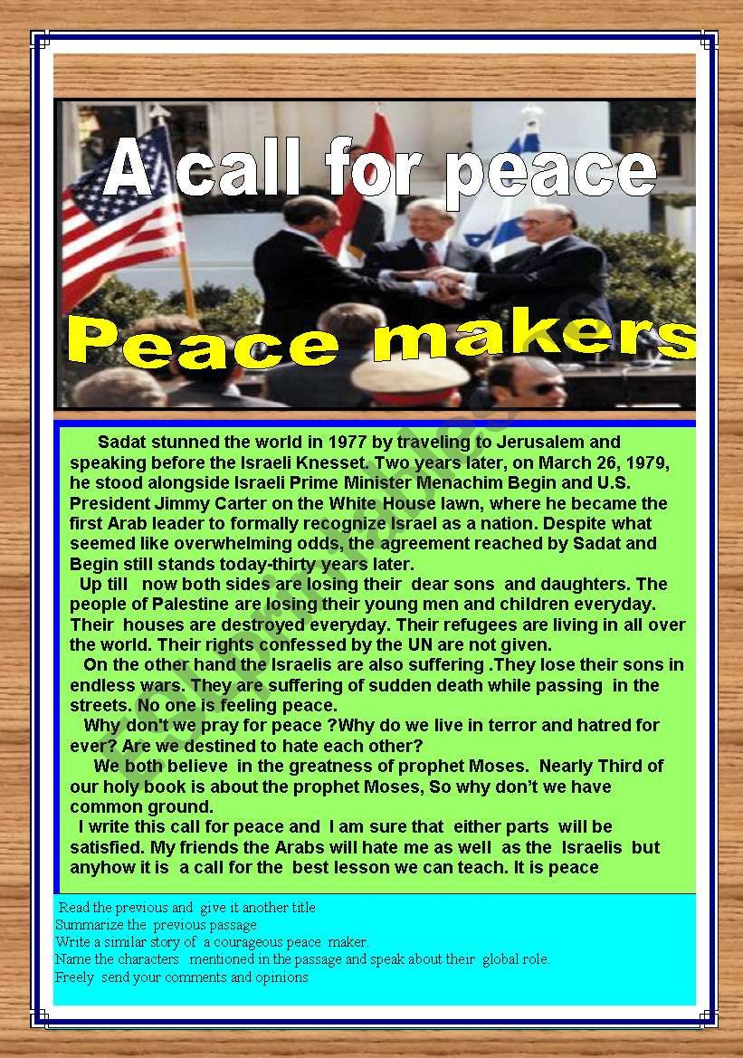 Peace maker-A call for peace worksheet