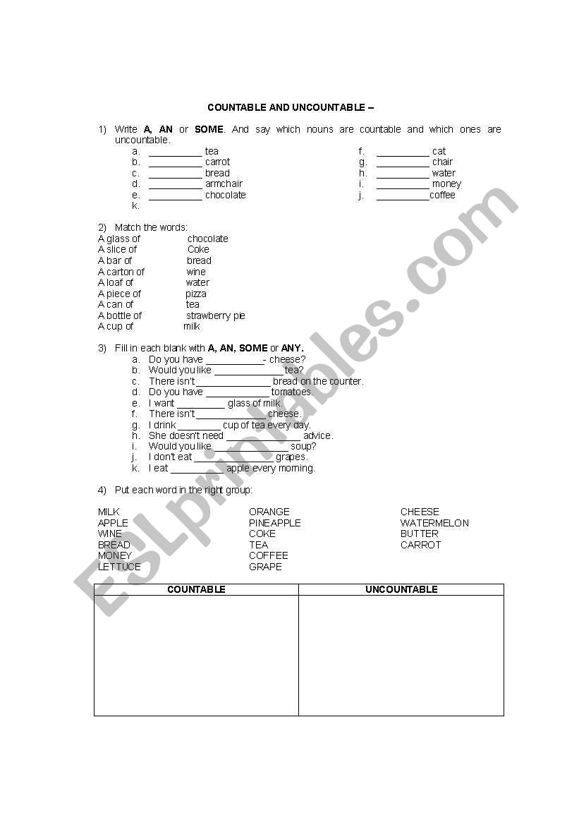 COUNTABLE AND UNCOUNTABLE worksheet