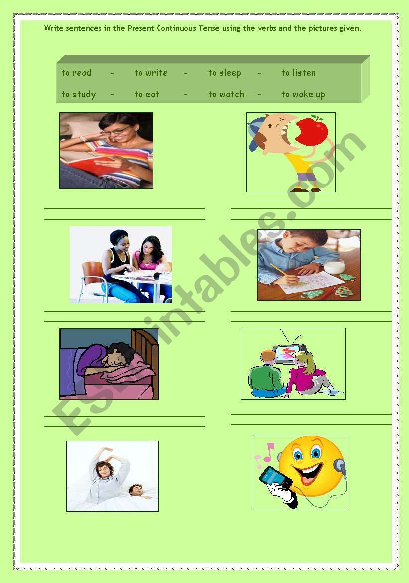 Present Continous Tense - Writing sentences based on the pictures