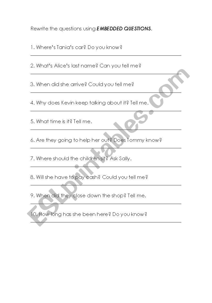 Embedded (indirect) Questions Worksheet
