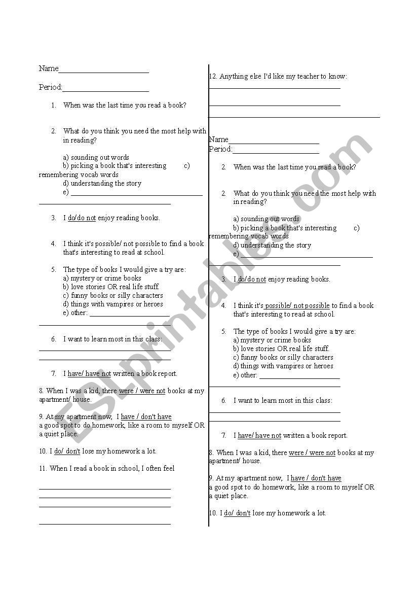 Reading habits survey for first few days of class