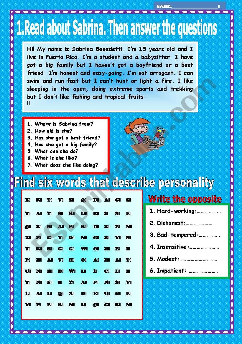 Present simple. Reading comprehension for elementary. And adjectives.