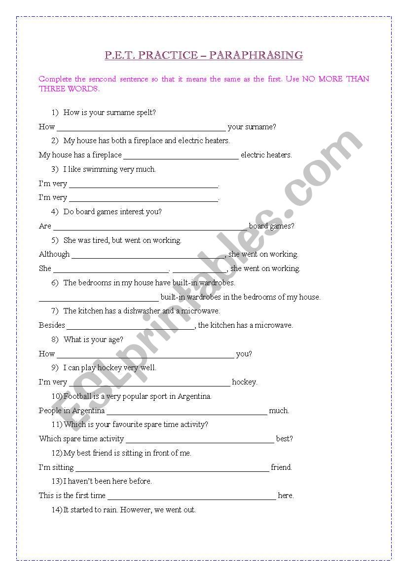 PET PRACTICE - PARAPHRASING worksheet