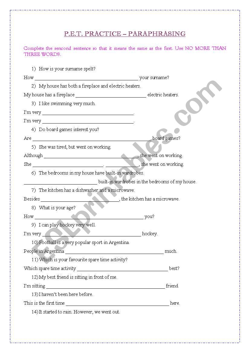 PET PRACTICE - PARAPHRASING worksheet