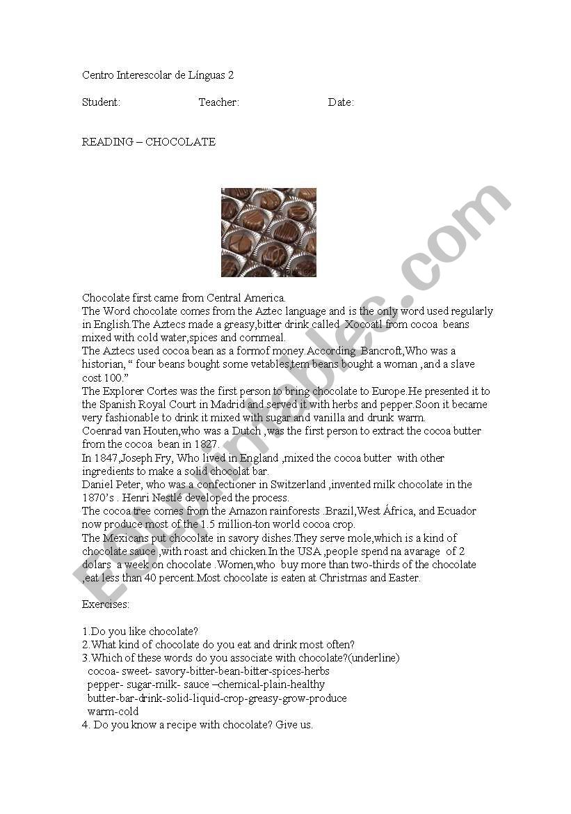 Chocolate worksheet