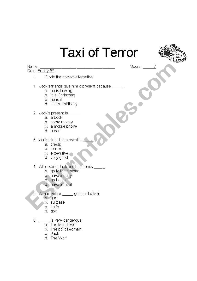 Taxi of terror test worksheet
