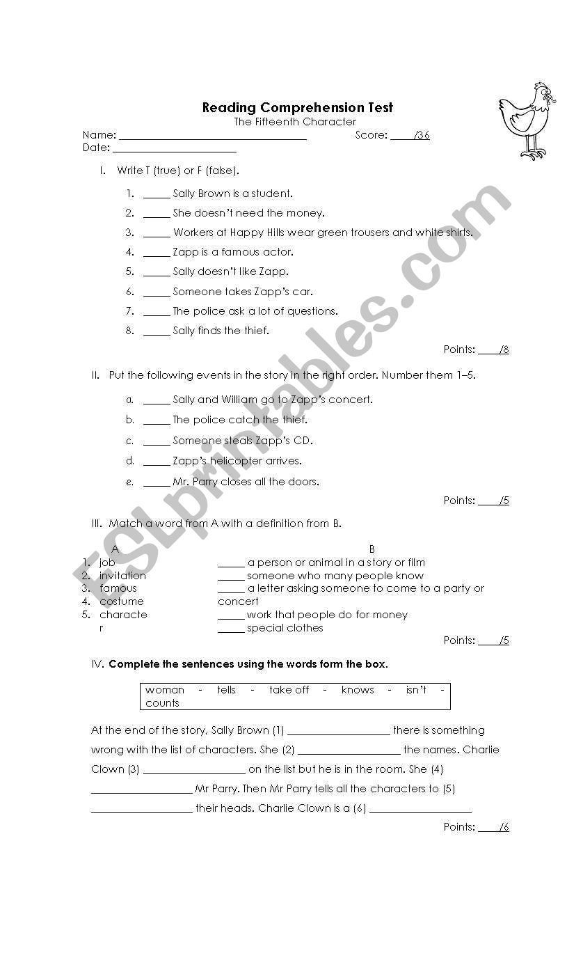 Fifteenth character test worksheet