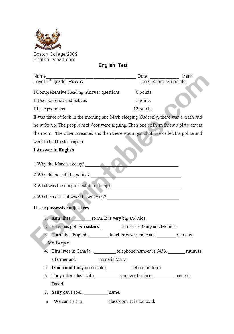 Possessives and pronouns worksheet