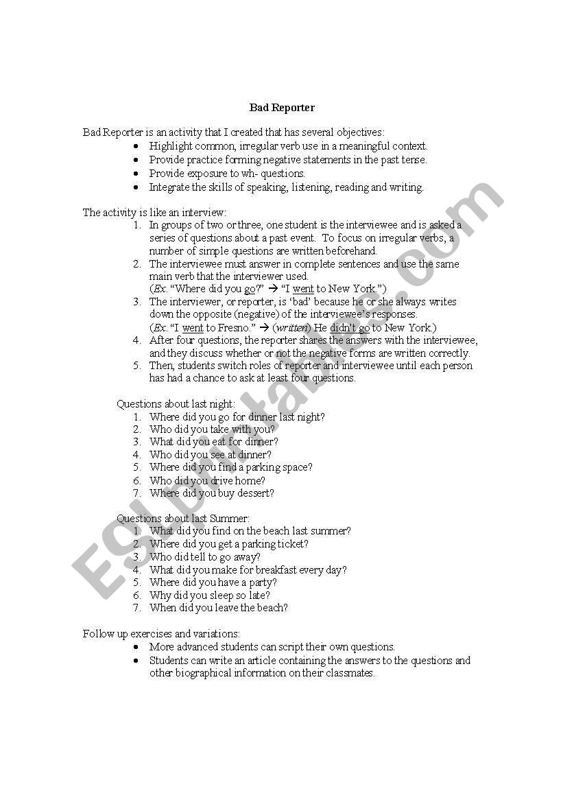 Bad Reporter worksheet