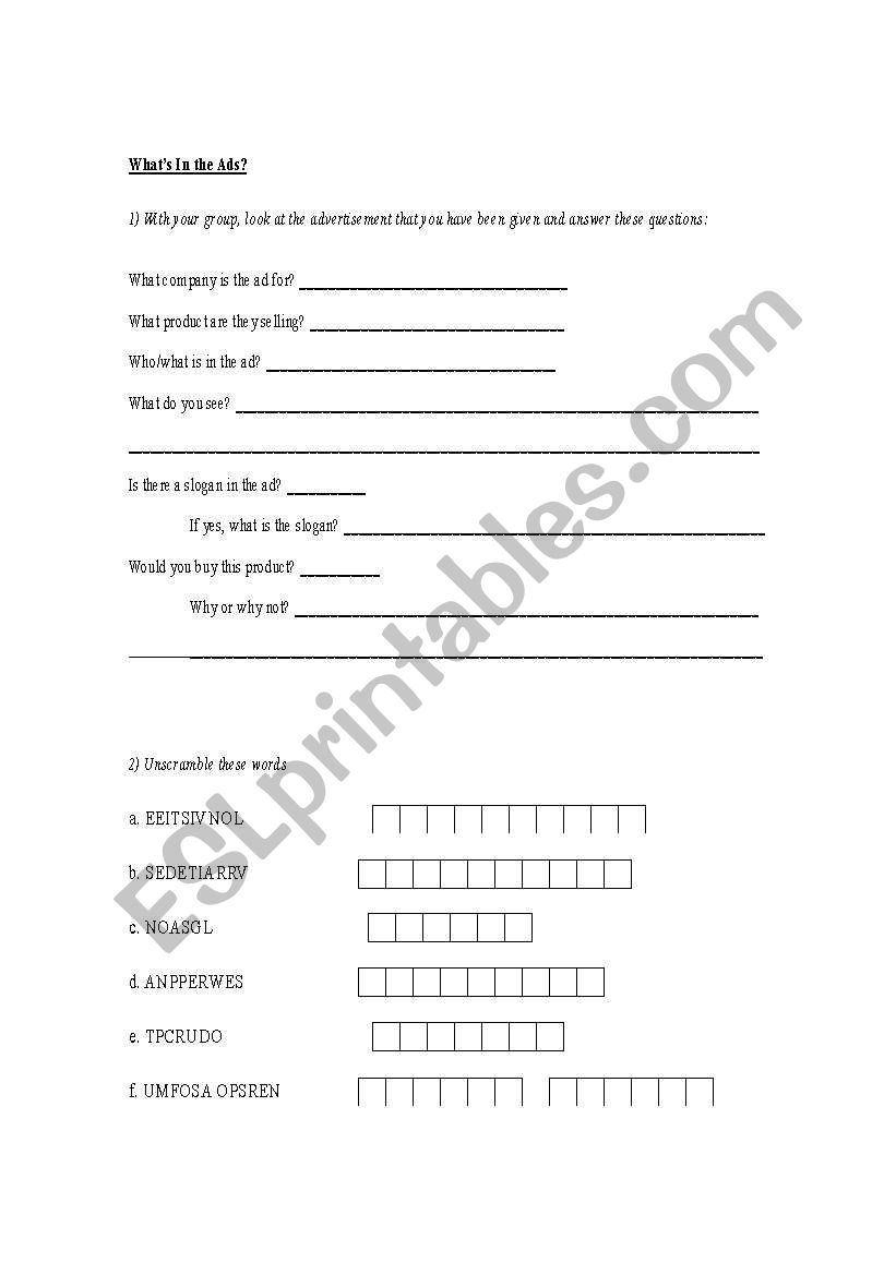 Whats in the Ads worksheet