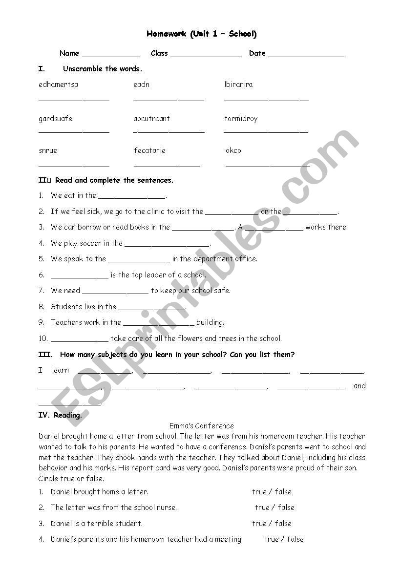 school worksheet