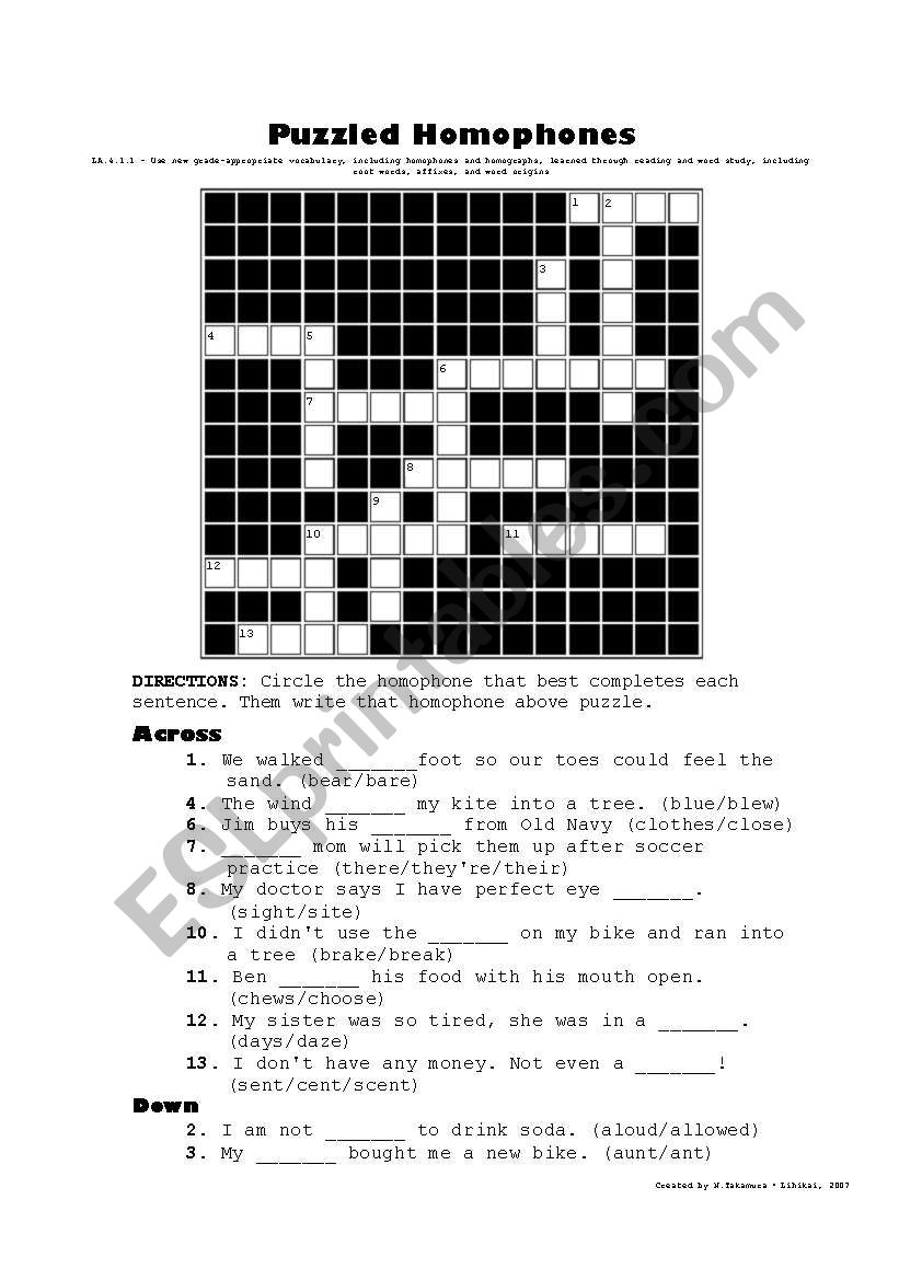 Homophone Crossword worksheet
