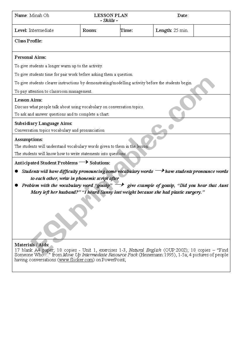 Lesson Plan: Skills - Introducing Conversation Topics