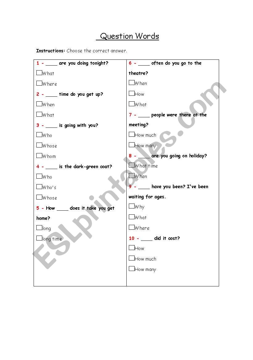 question words  worksheet