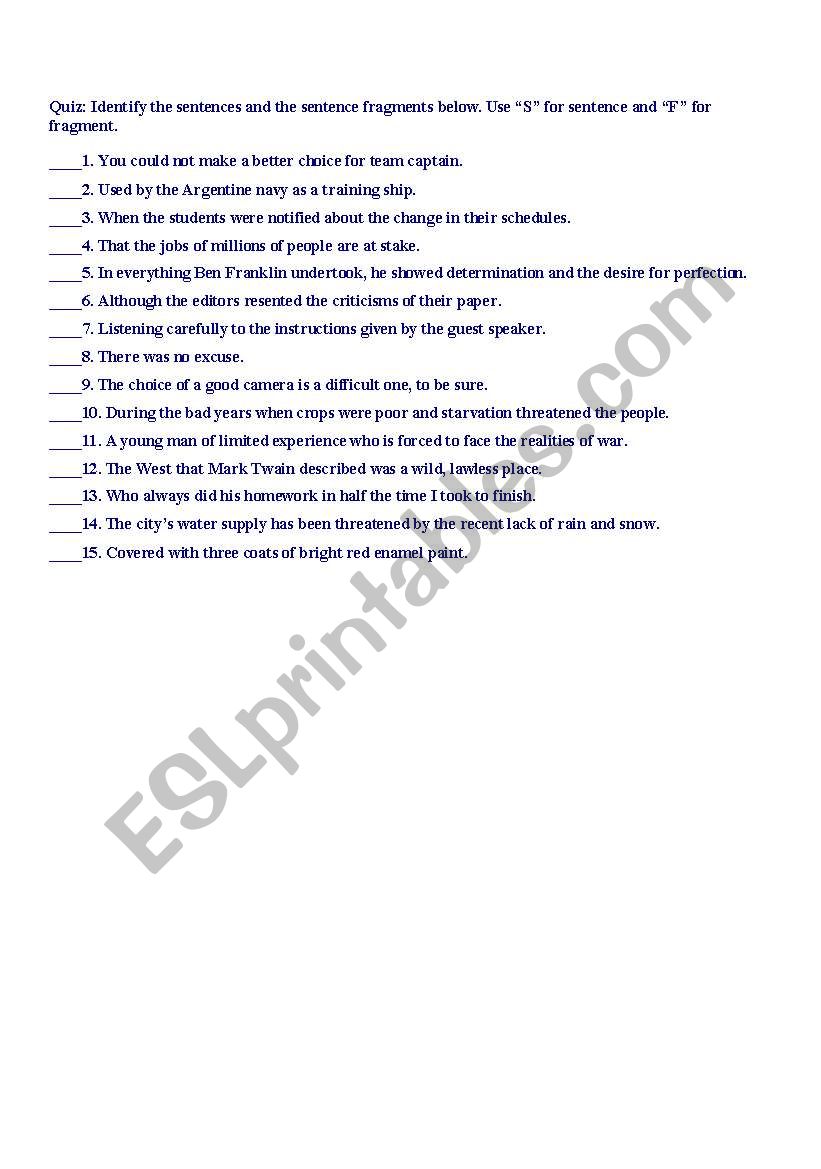 Fragment sentences worksheet