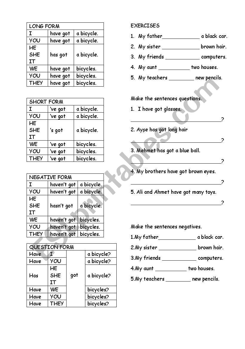 HAVE GOT and HAS GOT worksheet