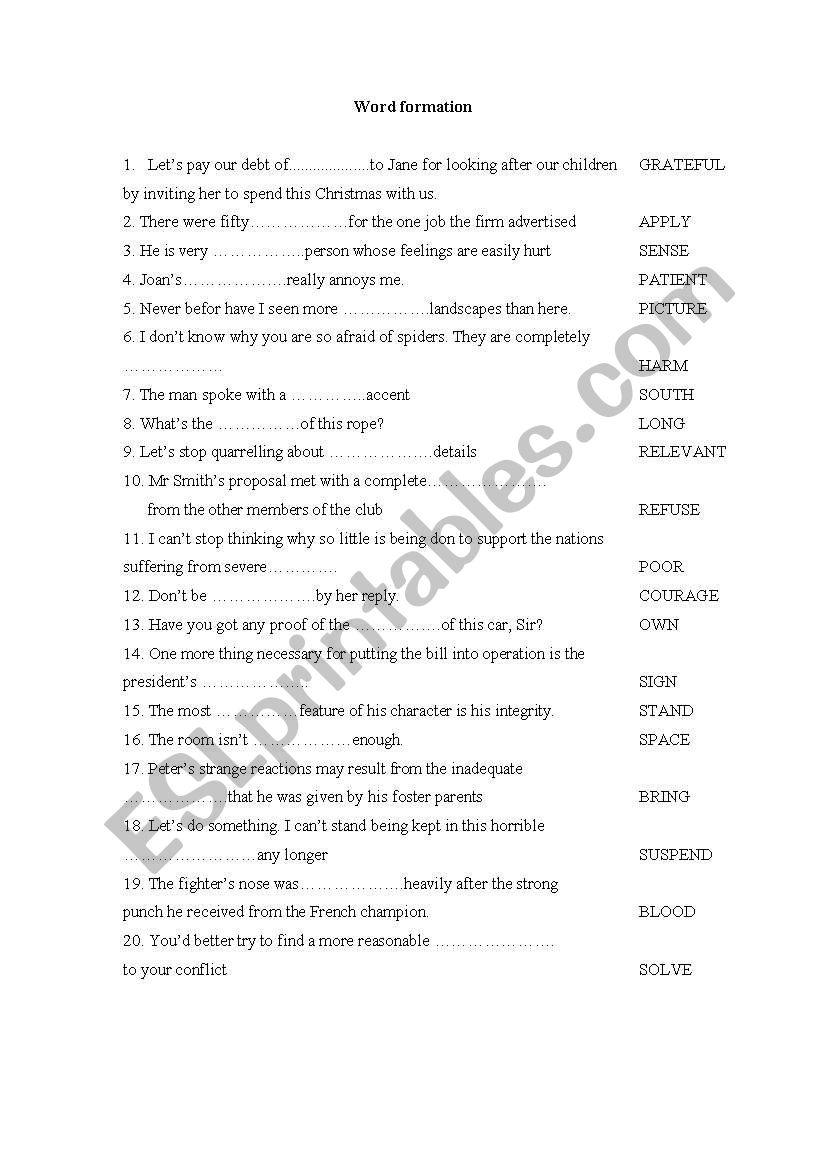 word formation worksheet