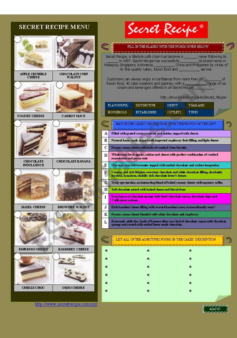 SECRET RECIPE MENU worksheet