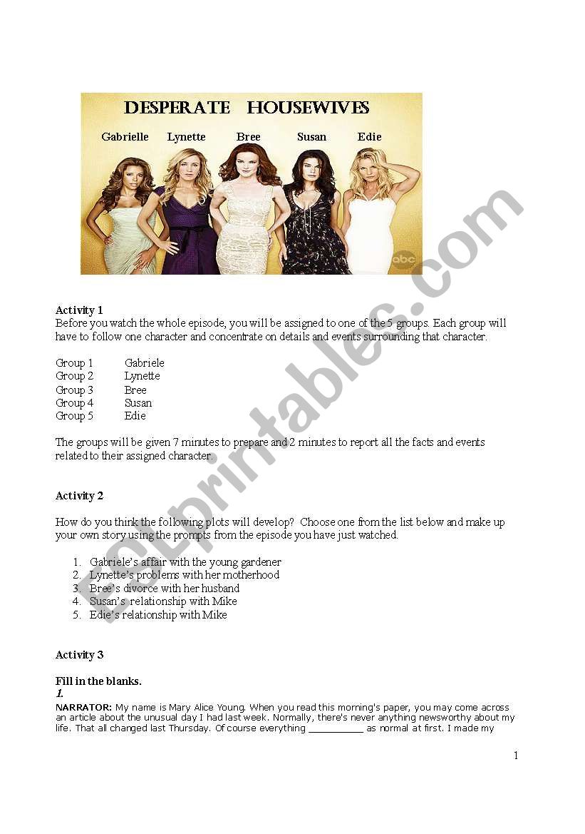 Desperate Housewives - comprehension and discussion activities (Pilot episode)