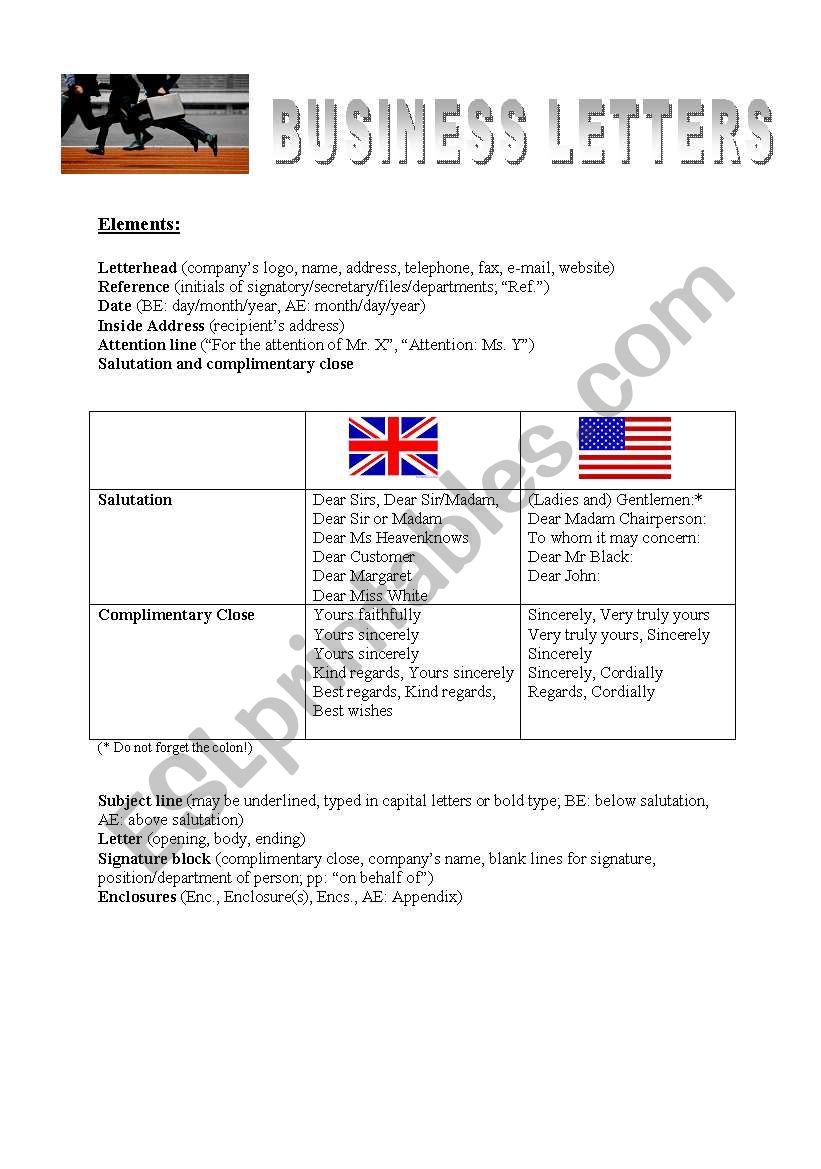Elements of Business Letters worksheet